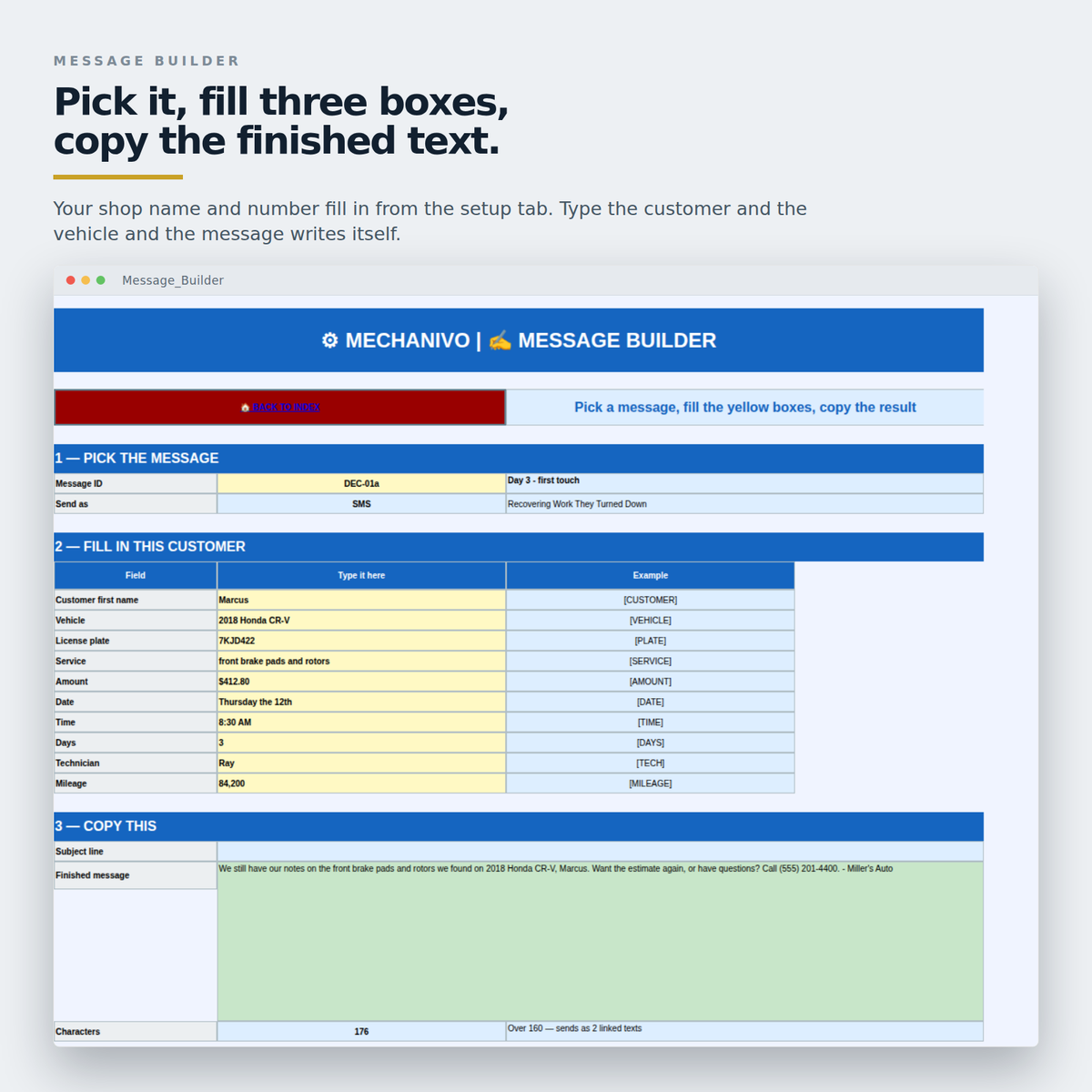 MESSAGE BUILDER tab with yellow fill-in boxes for customer, vehicle and amount, and the finished text below