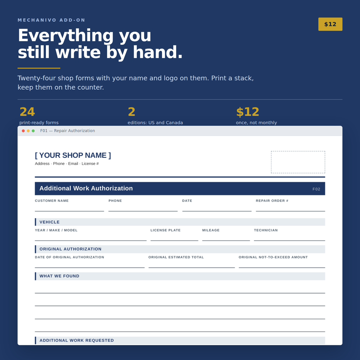 Additional work authorization form printed with the shop name and logo at the top