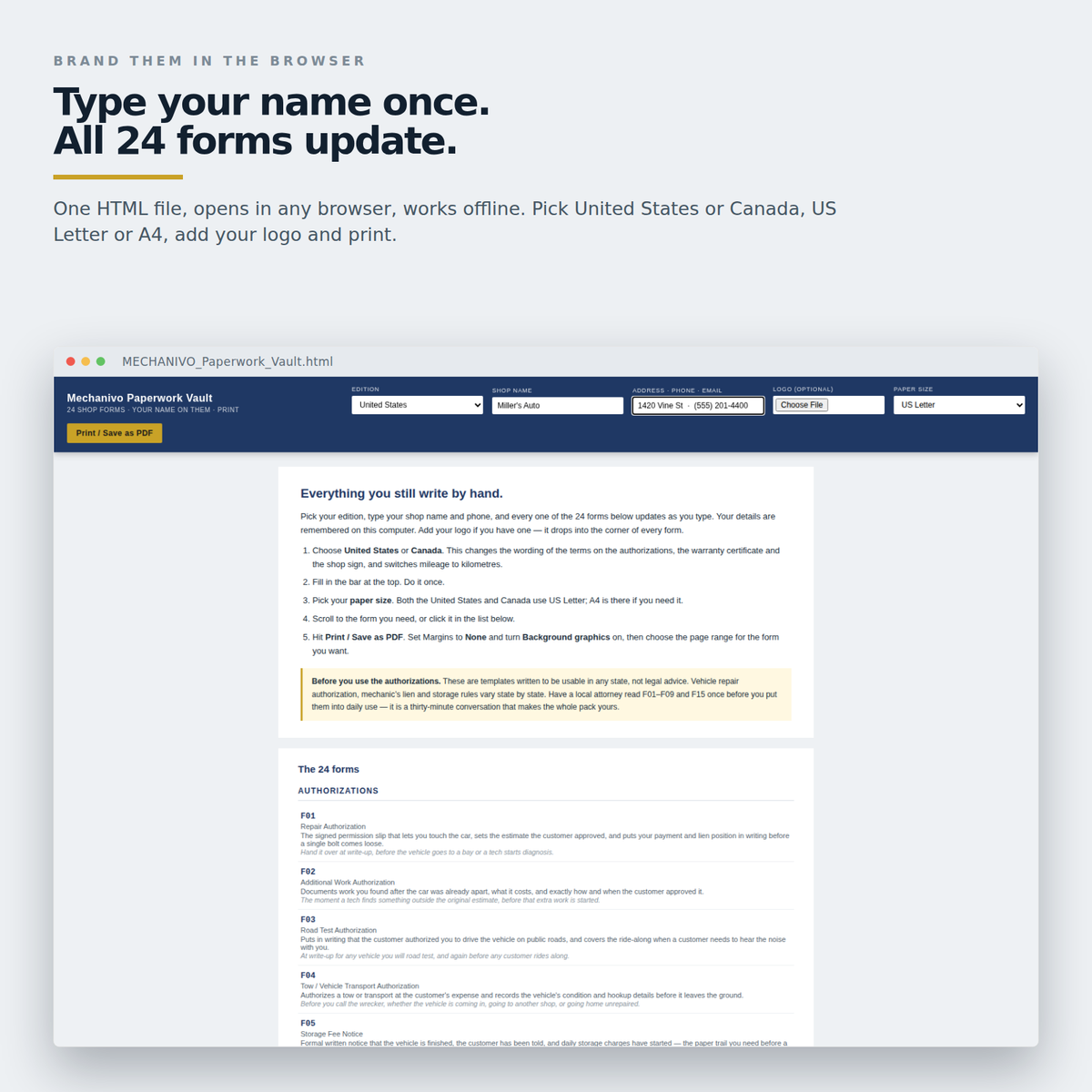 The browser branding file with fields for shop name and logo and all 24 forms updating live