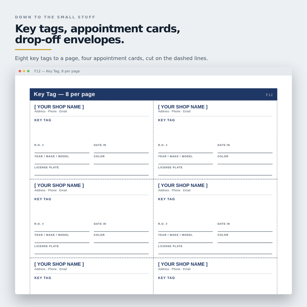 Key tag sheet printed eight to a page with the shop name on every tag