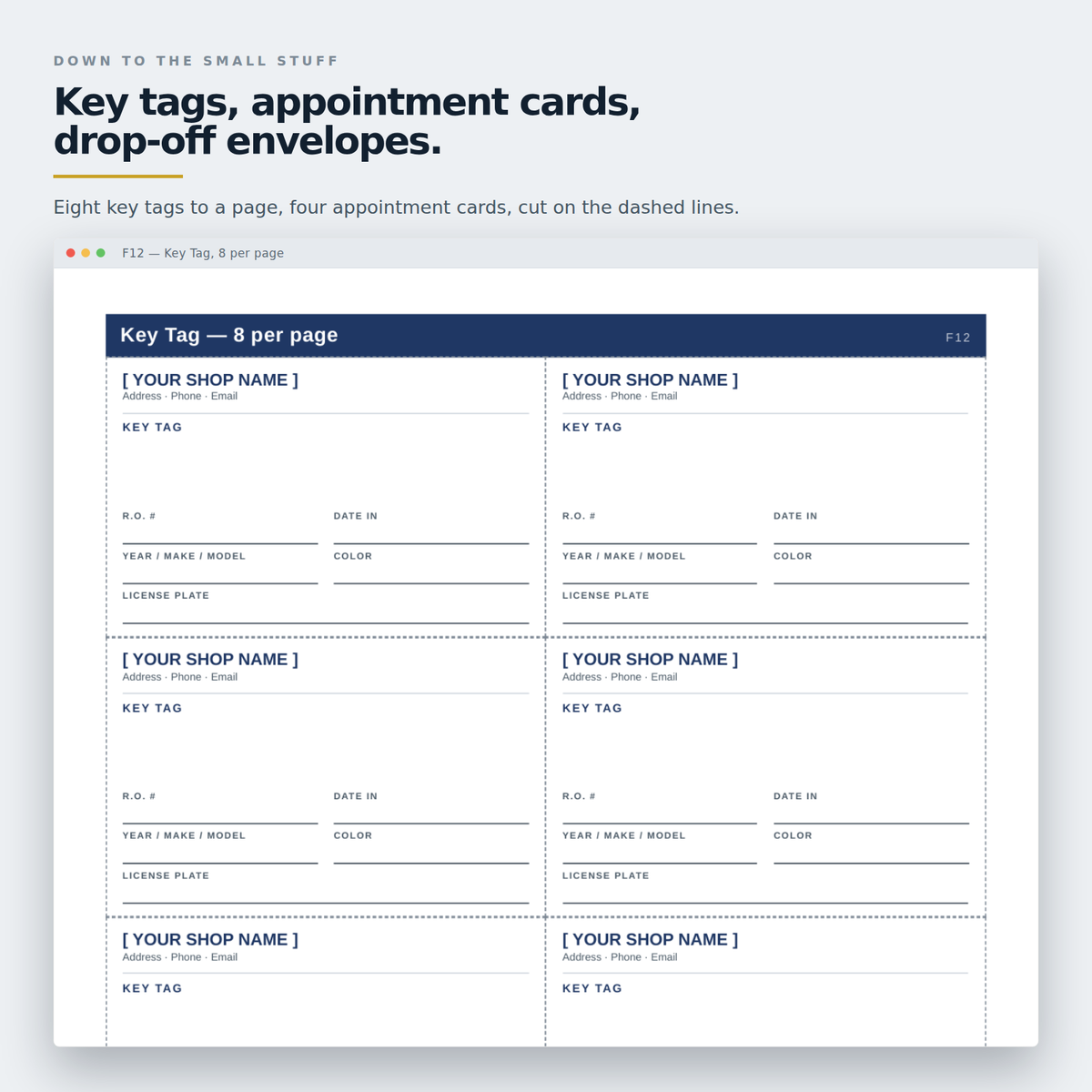 Key tag sheet printed eight to a page with the shop name on every tag