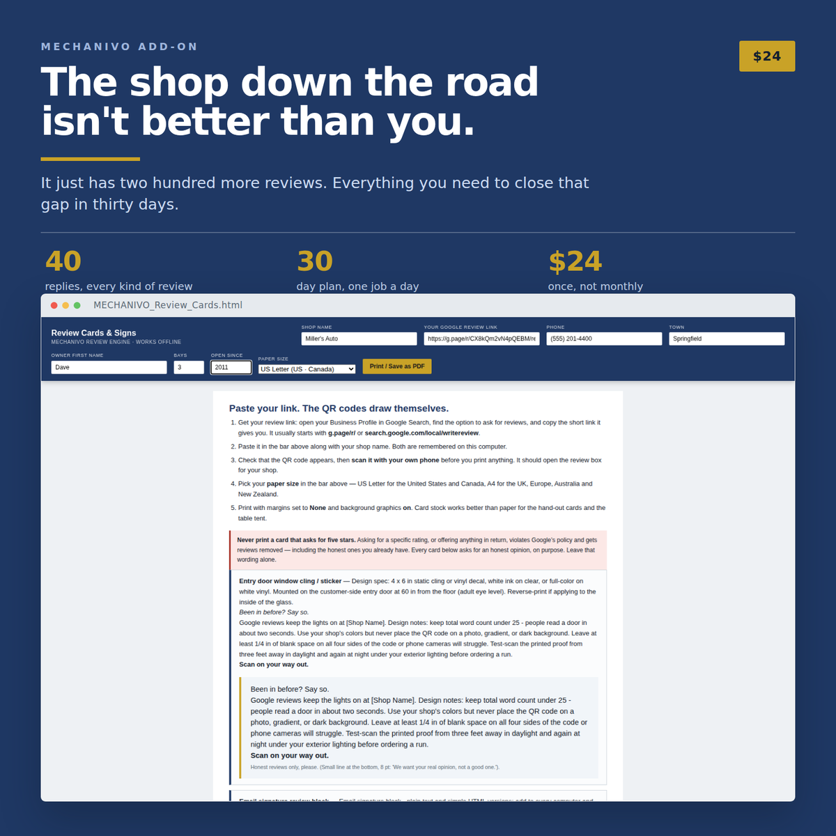 The offline QR code generator open in a browser with the shop's Google review link pasted in