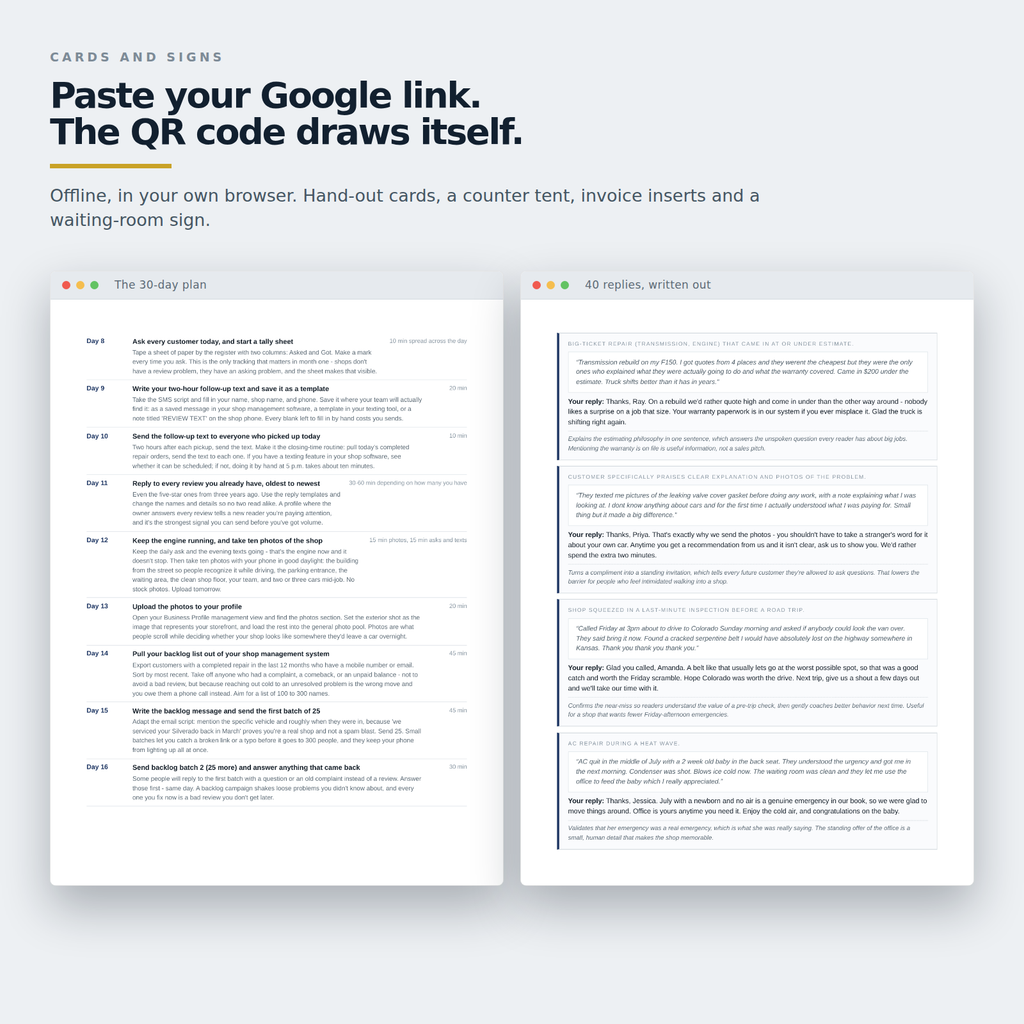 Printable review cards and signs built offline: hand-out cards, a counter tent, invoice inserts and a waiting-room sign