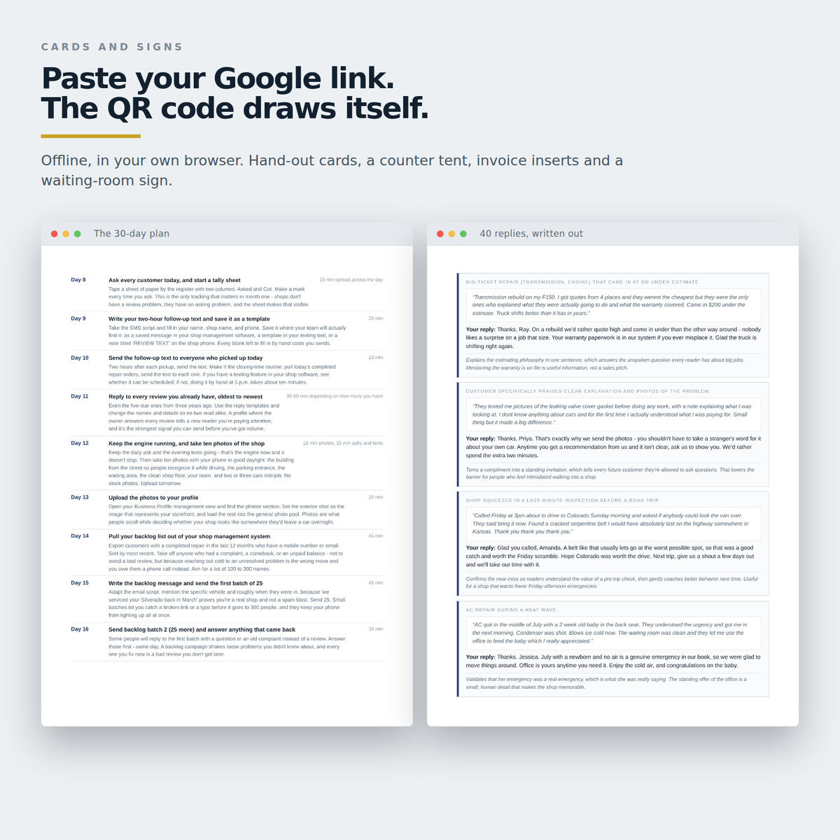 Printable review cards and signs built offline: hand-out cards, a counter tent, invoice inserts and a waiting-room sign