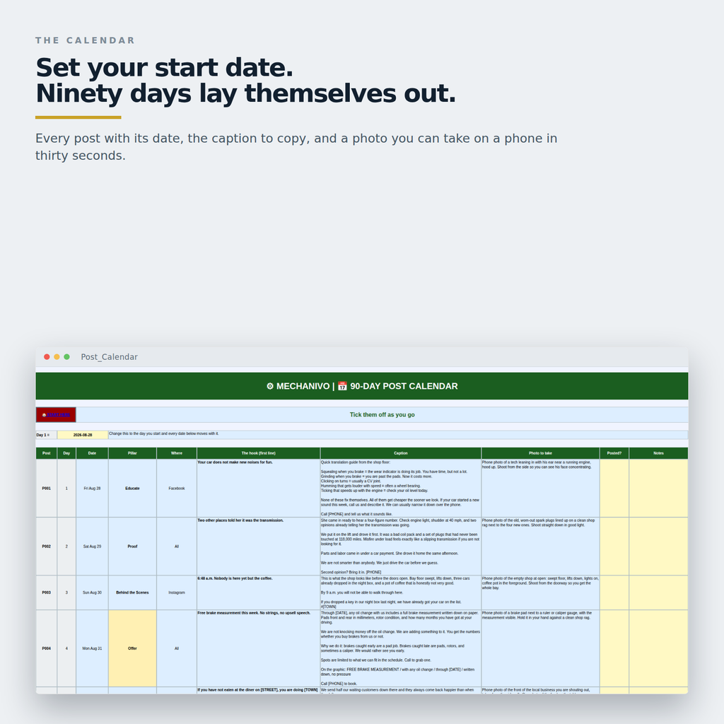 13-week posting calendar showing which of the 90 posts runs on each day