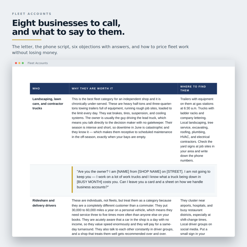 Fleet account kit listing the eight local businesses to call, what each one is worth and the phone script
