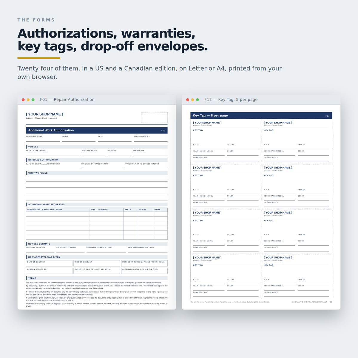 Two of the 24 shop forms printed from the file: authorizations, warranties, key tags and drop-off envelopes